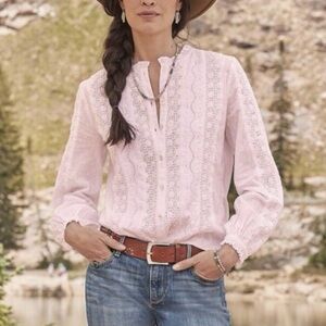 SUNDANCE | Mirabelle Pink Eyelet Dotted Swiss Crochet Button Up Coquette Shirt S